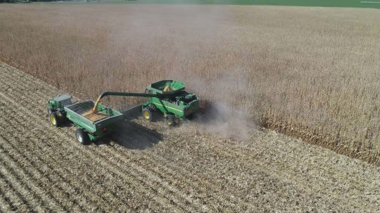 Combine harvester unloading grain into tractor trailer during soybean harvest