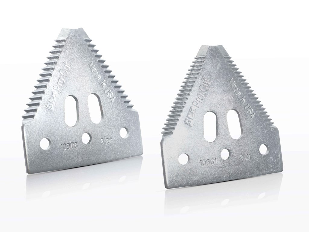 Pair of ProCut serrated sickle sections used in combine harvester cutting systems